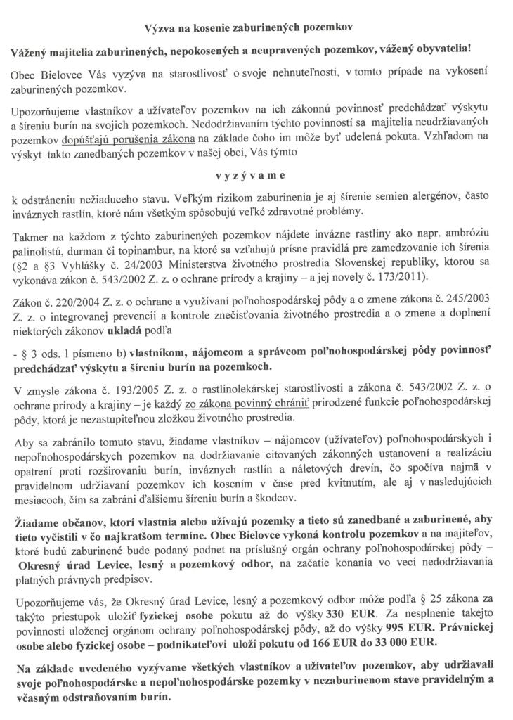 výzva na kosenie