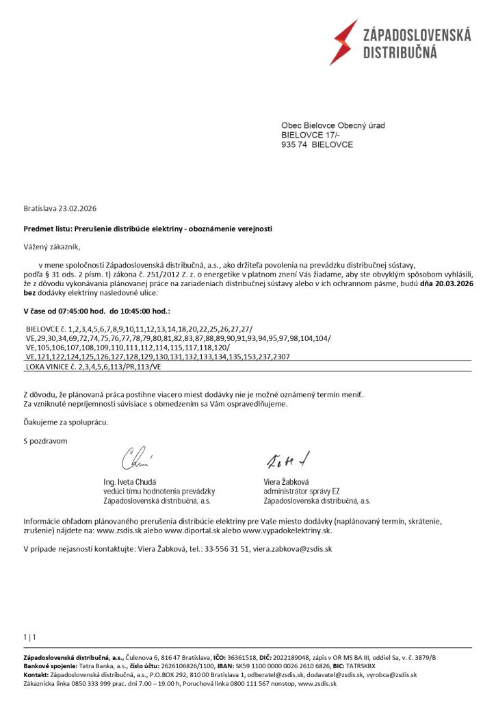 prerušenie distribúcie elektriky dňa 20.3.2026