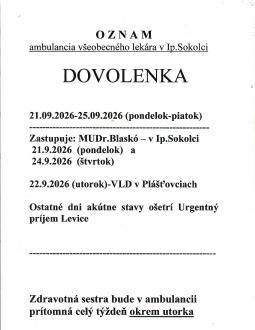 Dovolenka obvodného lekára v Ipeľskom Sokolci 21.–25. septembra 2026
